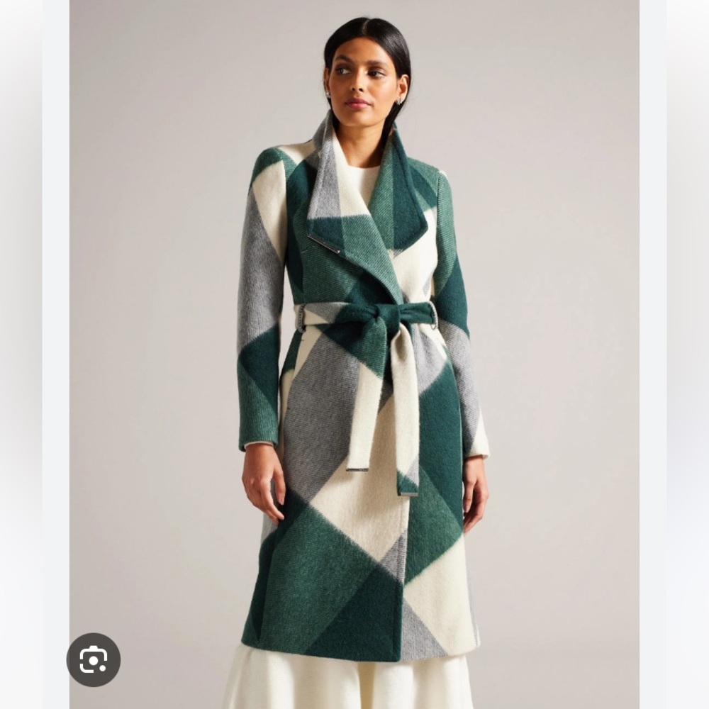 NEW Ted Baker ROSETEI Midi Wrap Coat Women IVORY / Green - Size US 2